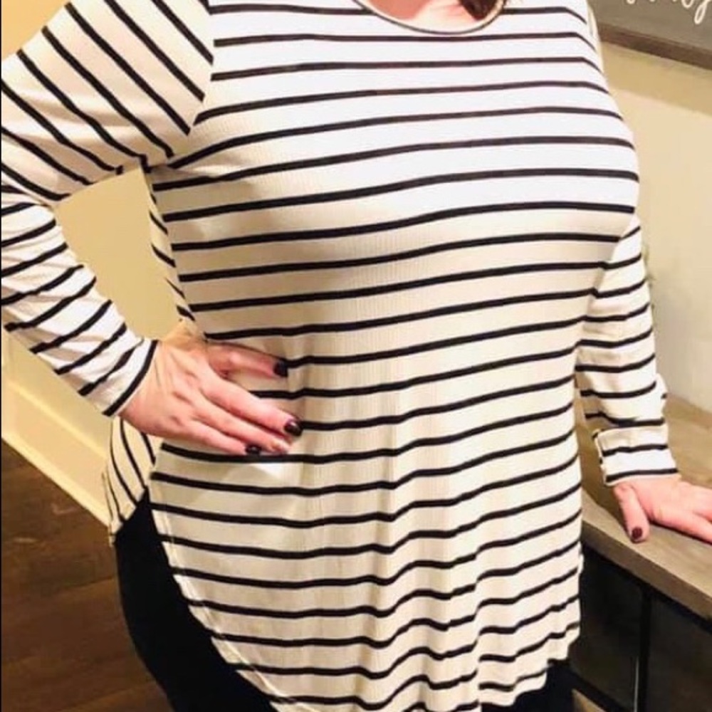 Long sleeve striped top with elbow detail